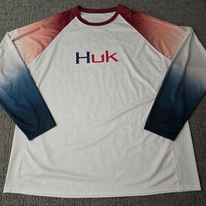 Huk Fishing Shirt XXXL Performance Fishing Striped LS Red White Blue Flare Fade